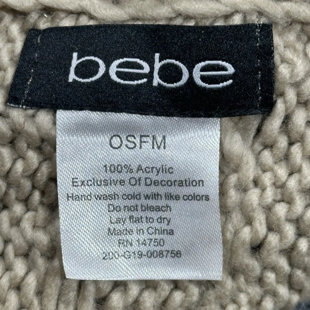 Bebe Tan Beige Cable Knit Scarf and Pom Beanie Hat Set OSFM Fringe‎ Logo